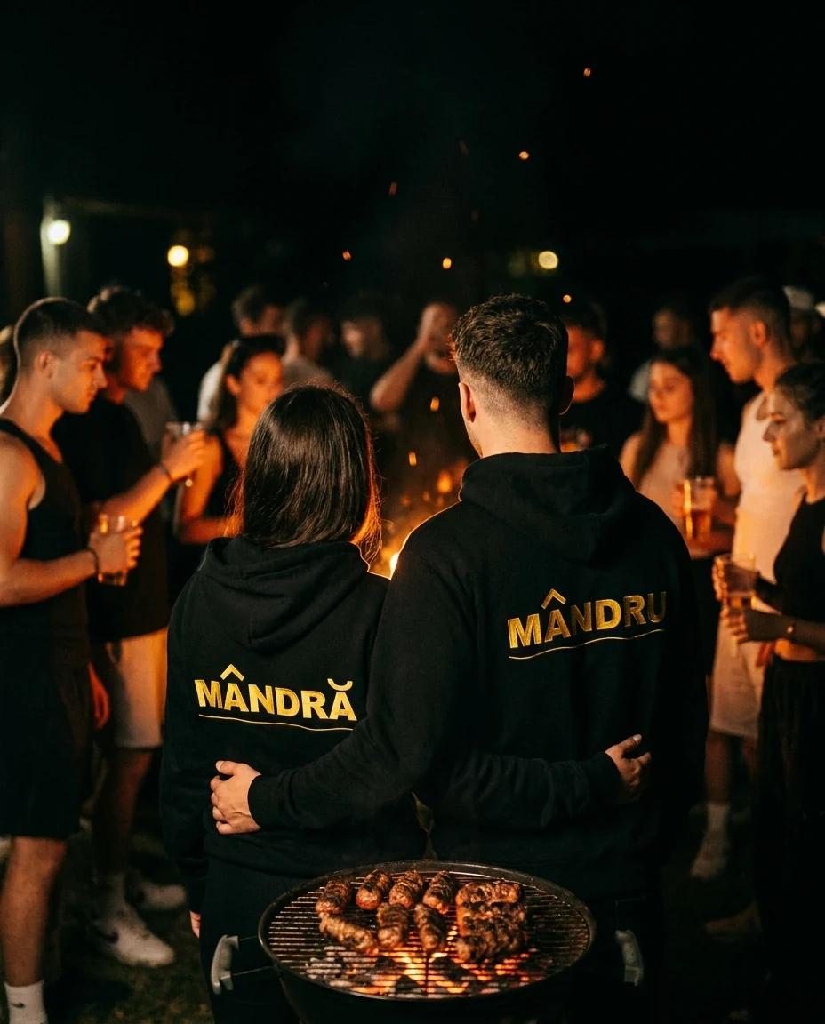 Un couple de dos à une fête de nuit, MÂNDRĂ et MÂNDRU en polenta sur deux hoodies noirs
