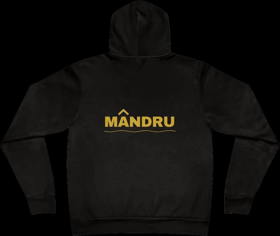 Hoodie Mândru noir encre, vu de dos, le mot imprimé en polenta