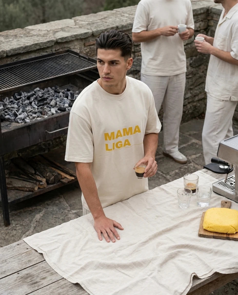 Un homme en tee écru MAMA LIGA le lendemain de la fête, devant le grill éteint